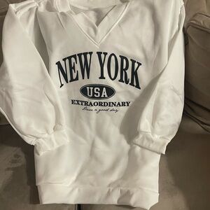 Women’s Sweatshirt SHEIN White V-Neck Sweater with Black 'New York' Design